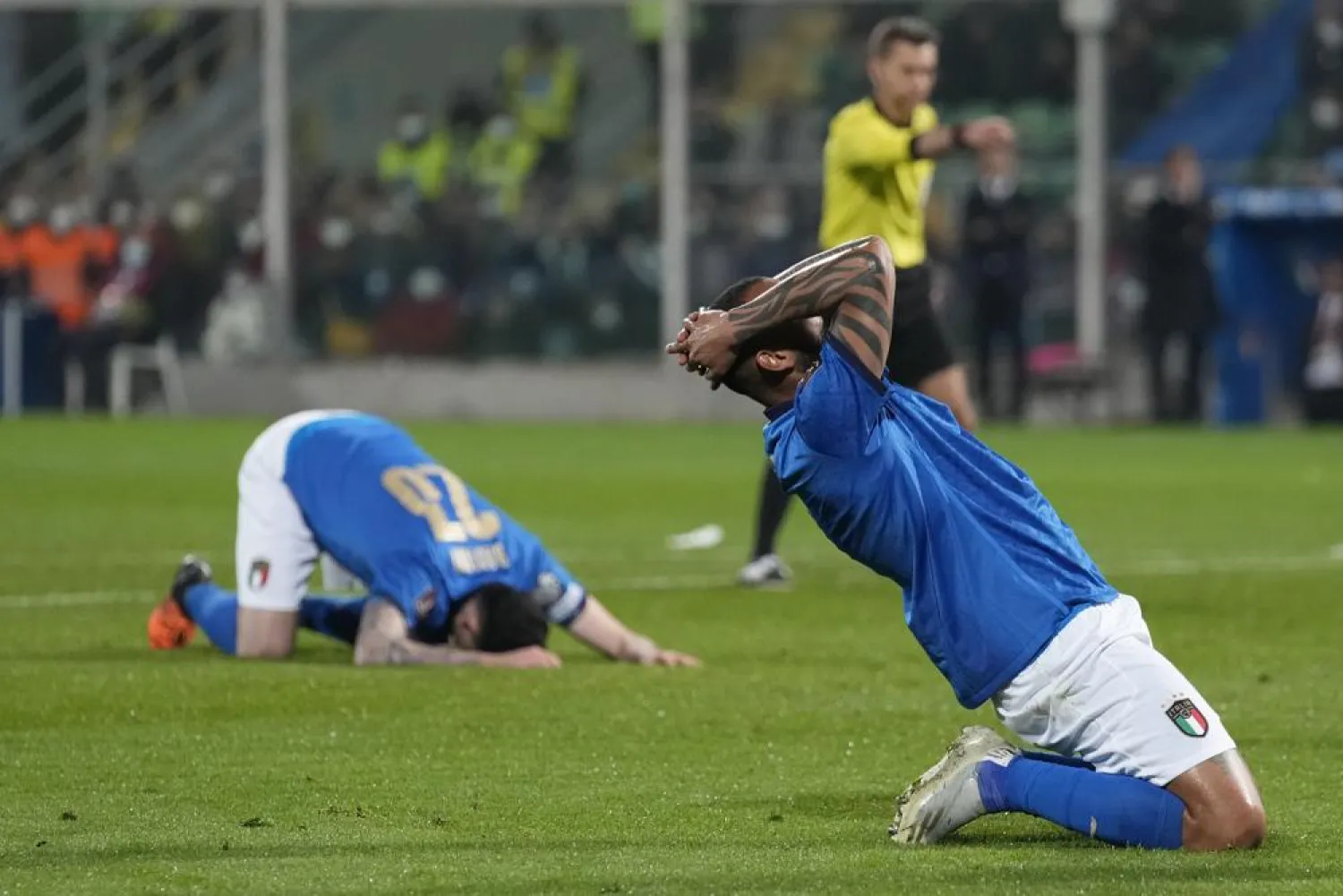 Italy's Joao Pedro (R) reacts after missing a scoring chance in the World Cup qualifying match against North Macedonia at Renzo Barbera stadium, Palermo, Italy, March 24, 2022. (AP)