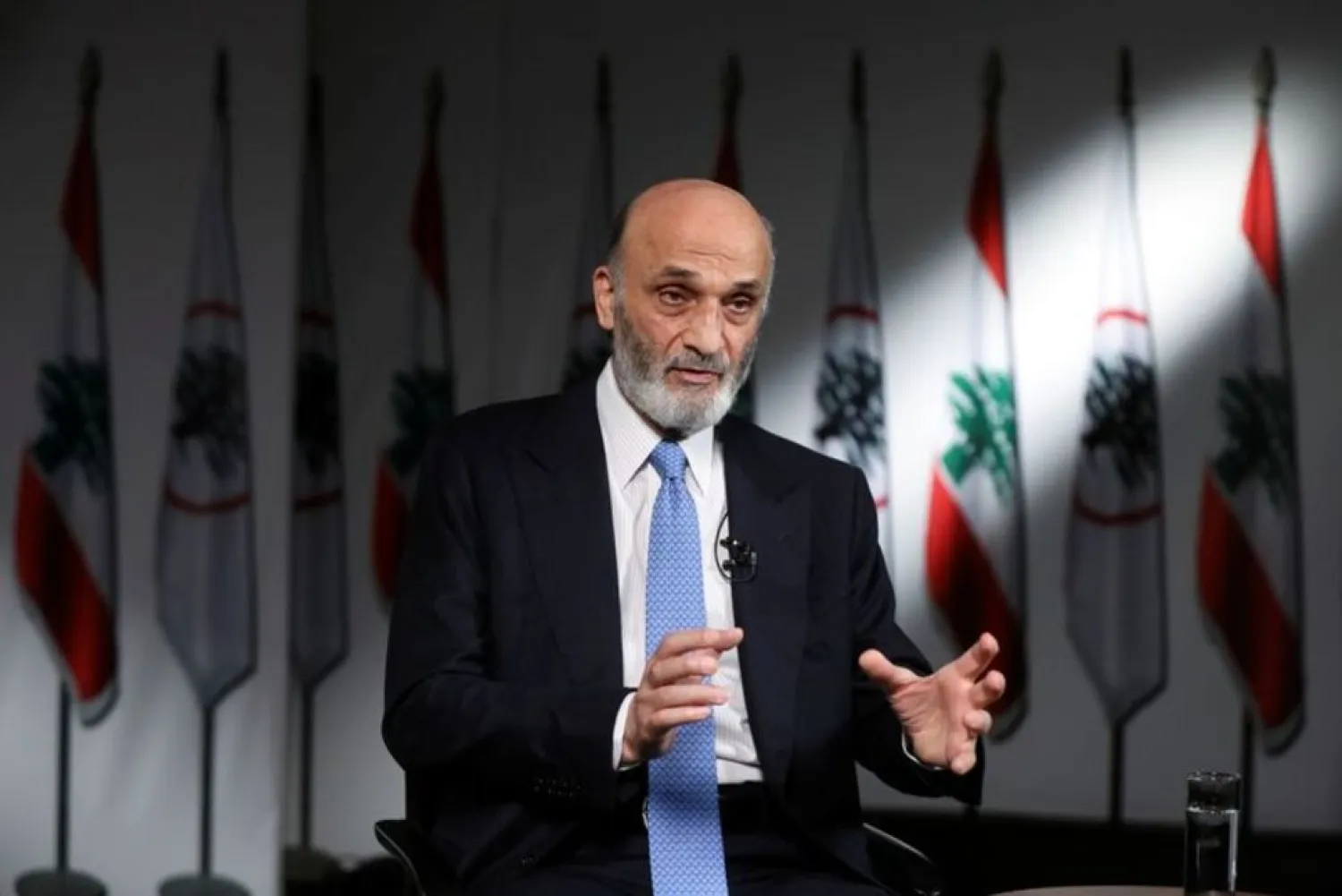 LF leader Samir Geagea, speaks during an interview with Reuters at his residence in Maarab, Lebanon November 29, 2021. (Reuters)