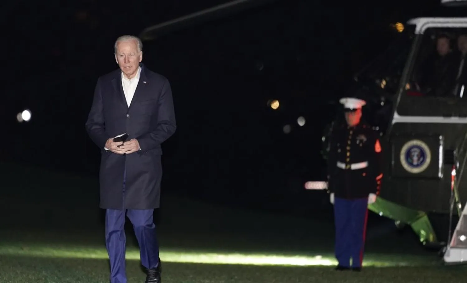 President Joe Biden arrives on Marine One on the South Lawn of the White House, early Sunday, March 27, 2022, in Washington, after a four-day trip to Europe. (AP)