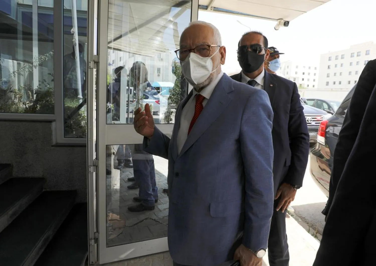 Parliament Speaker Rached Ghannouchi, head of the moderate Islamist Ennahda, arrives at the party's headquarters in Tunis, Tunisia, July 29, 2021. (Reuters)