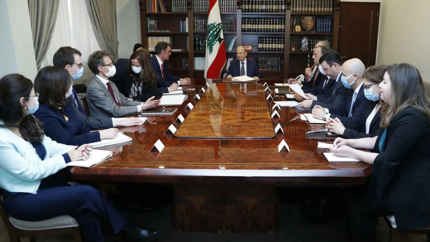 Lebanon's President Michel Aoun meets the International Monetary Fund (IMF) delegion at the presidential palace in Baabda, east of the capital Beirut, on March 30, 2022. (Dalati & Nohra)