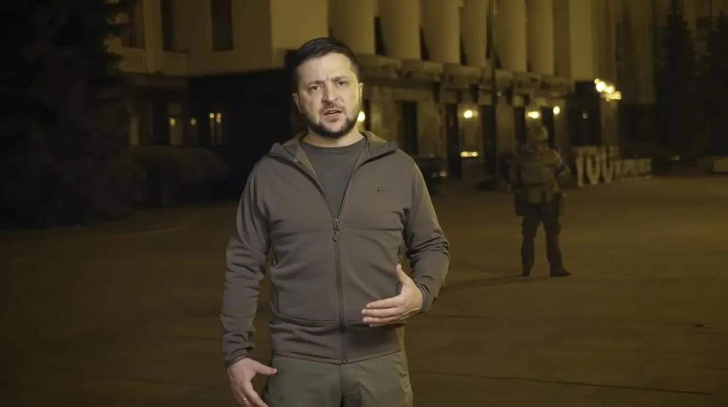 In this image from video provided by the Ukrainian Presidential Press Office, Ukrainian President Volodymyr Zelenskyy speaks from Kyiv, Ukraine, early Thursday, March 24, 2022. (Ukrainian Presidential Press Office via AP)
