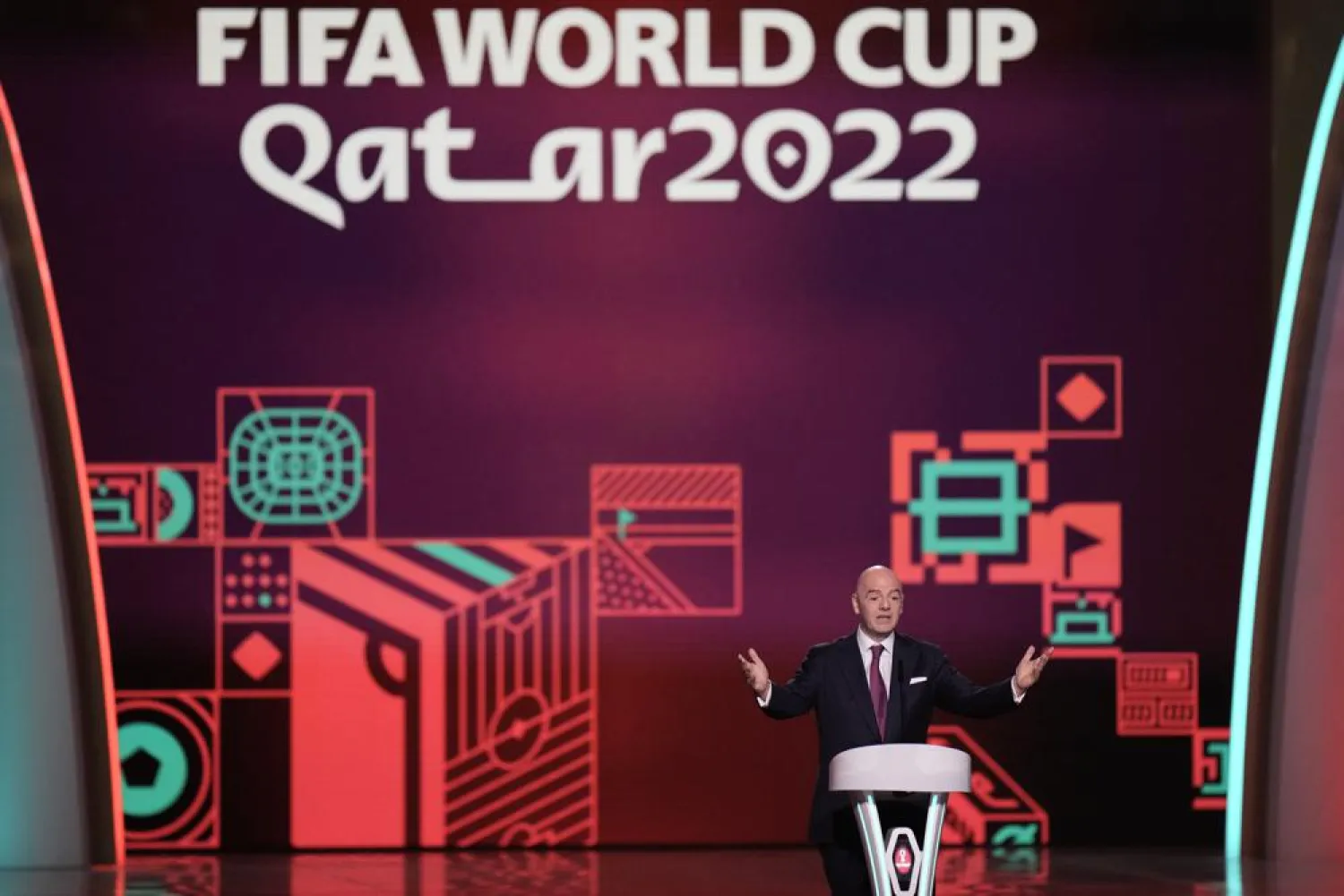 FIFA President Gianni Infantino speaks before the 2022 World Cup draw at the Doha Exhibition and Convention Center in Doha, Qatar, Friday, April 1, 2022. (AP)