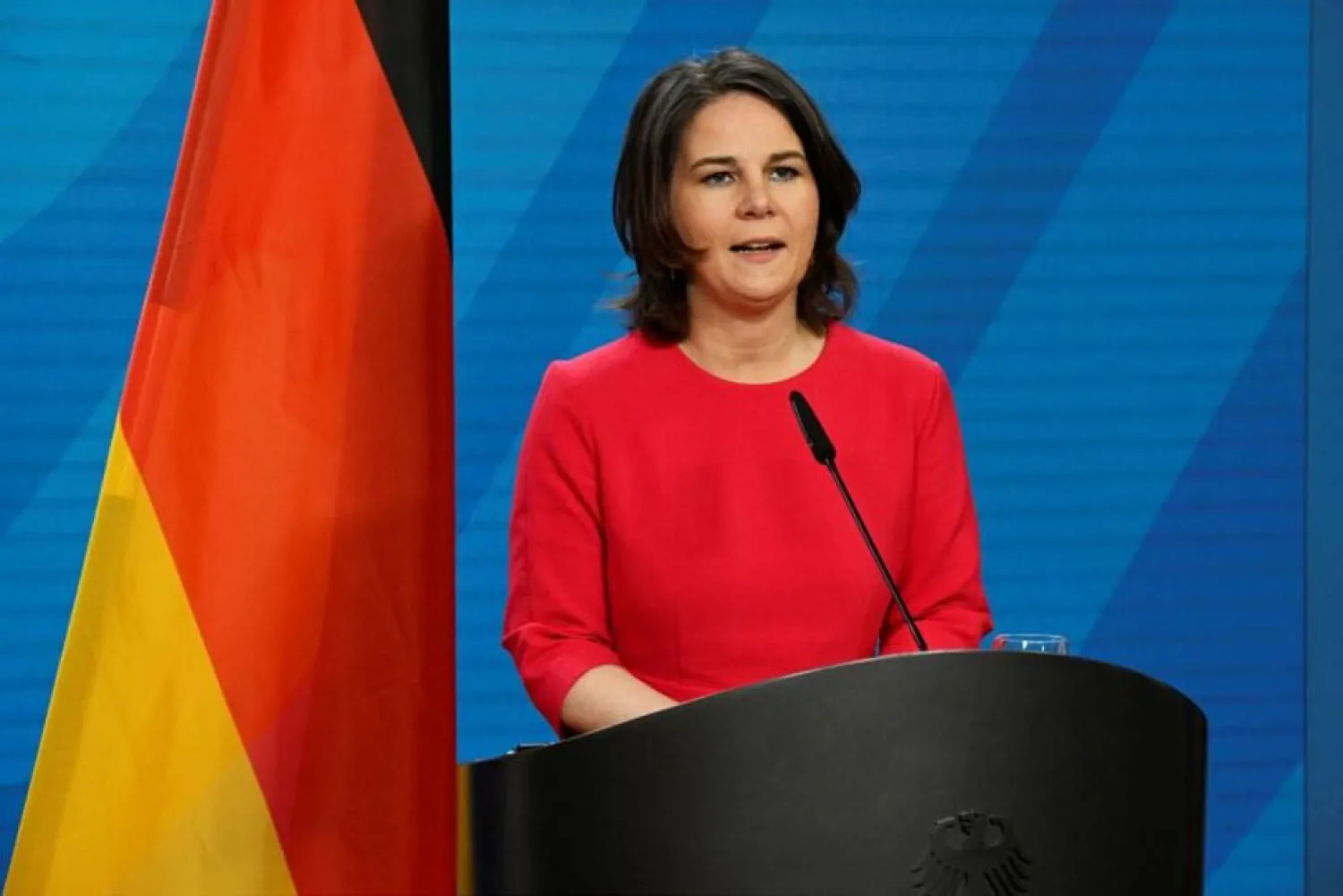 German Foreign Minister Annalena Baerbock speaks to the media during a press statement with Singaporean Minister of Foreign Affairs Vivian Balakrishnan (not pictured) in the Foreign Office in Berlin, Germany, April 4, 2022. (Reuters)