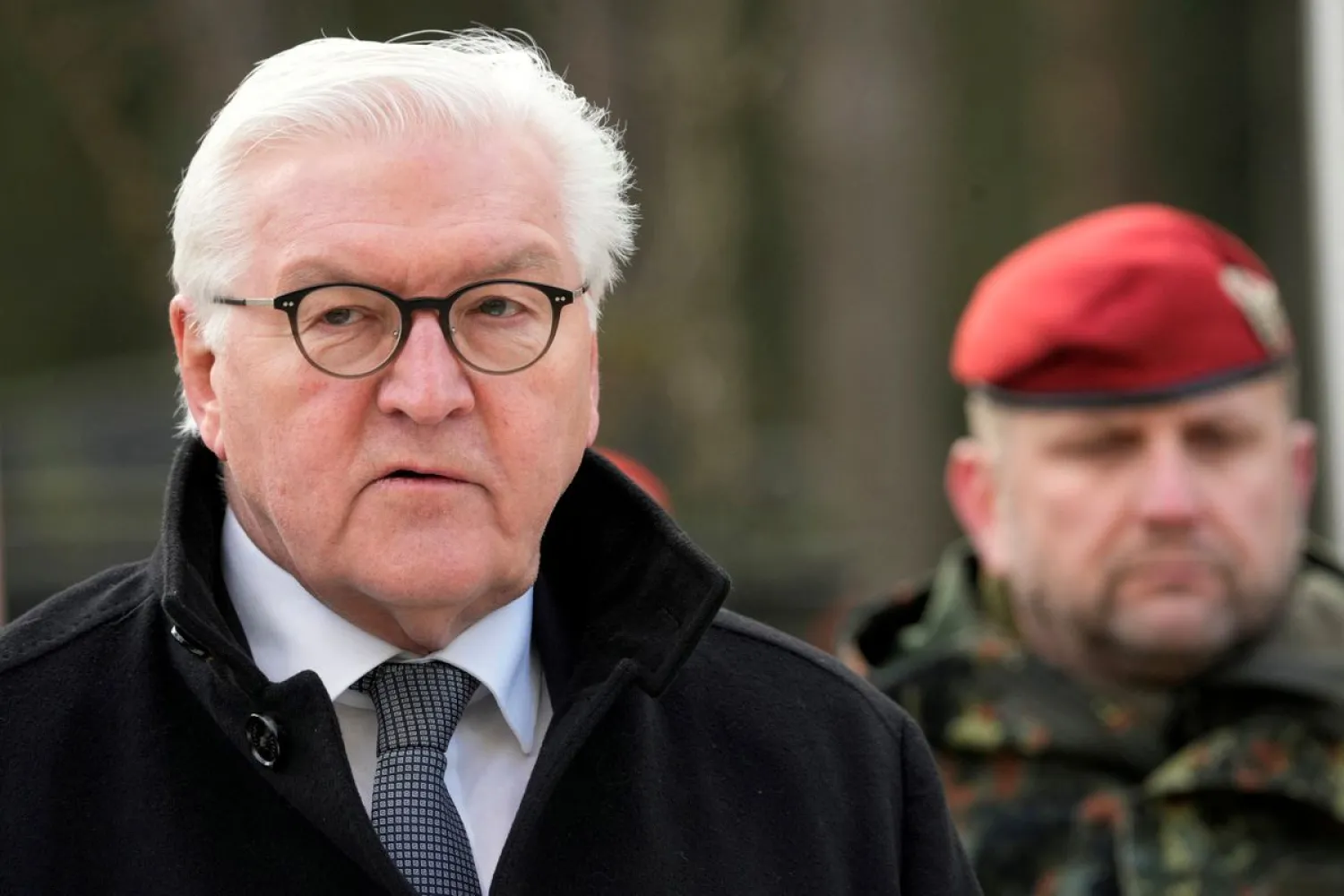 German President Frank-Walter Steinmeier speaks during news conference at Rukla military base, Lithuania March 3, 2022. (Reuters)