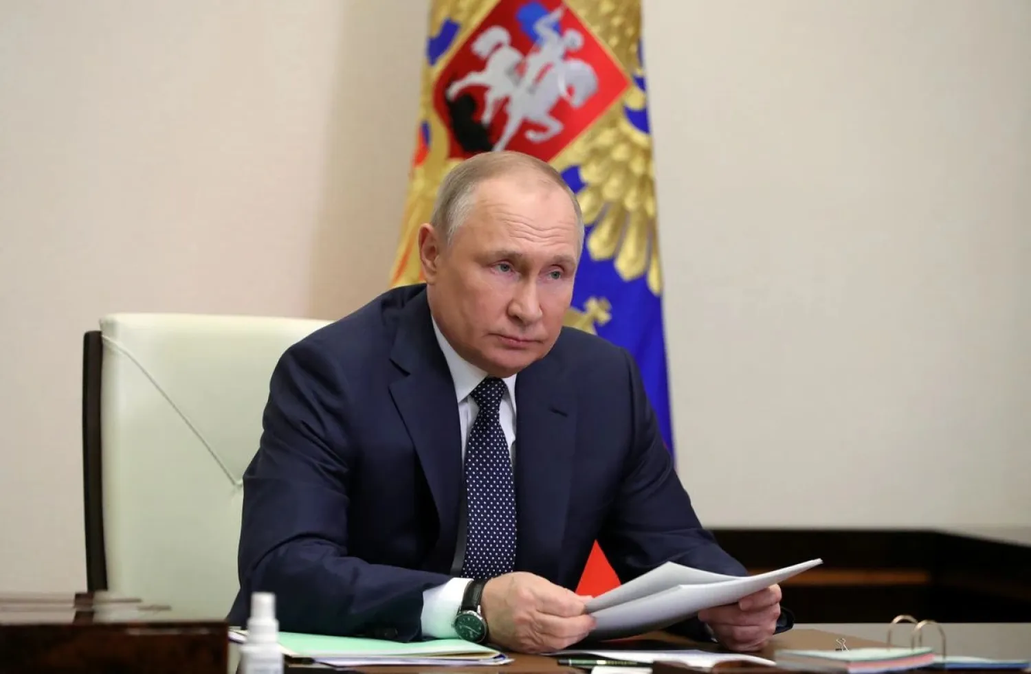 Russian President Vladimir Putin chairs a meeting on the development of air transportation and aircraft manufacturing, via a video link at the Novo-Ogaryovo state residence outside Moscow, Russia March 31, 2022. (Reuters)