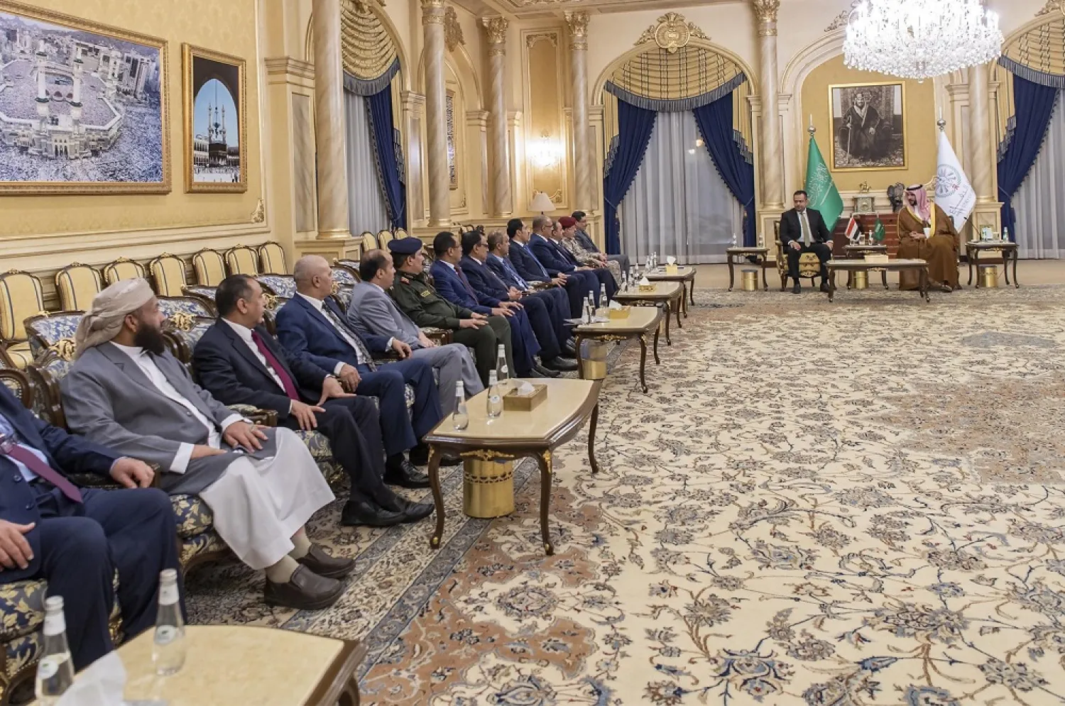 Prince Khalid bin Salman meets with Yemeni ministers in Riyadh on Sunday. (SPA)