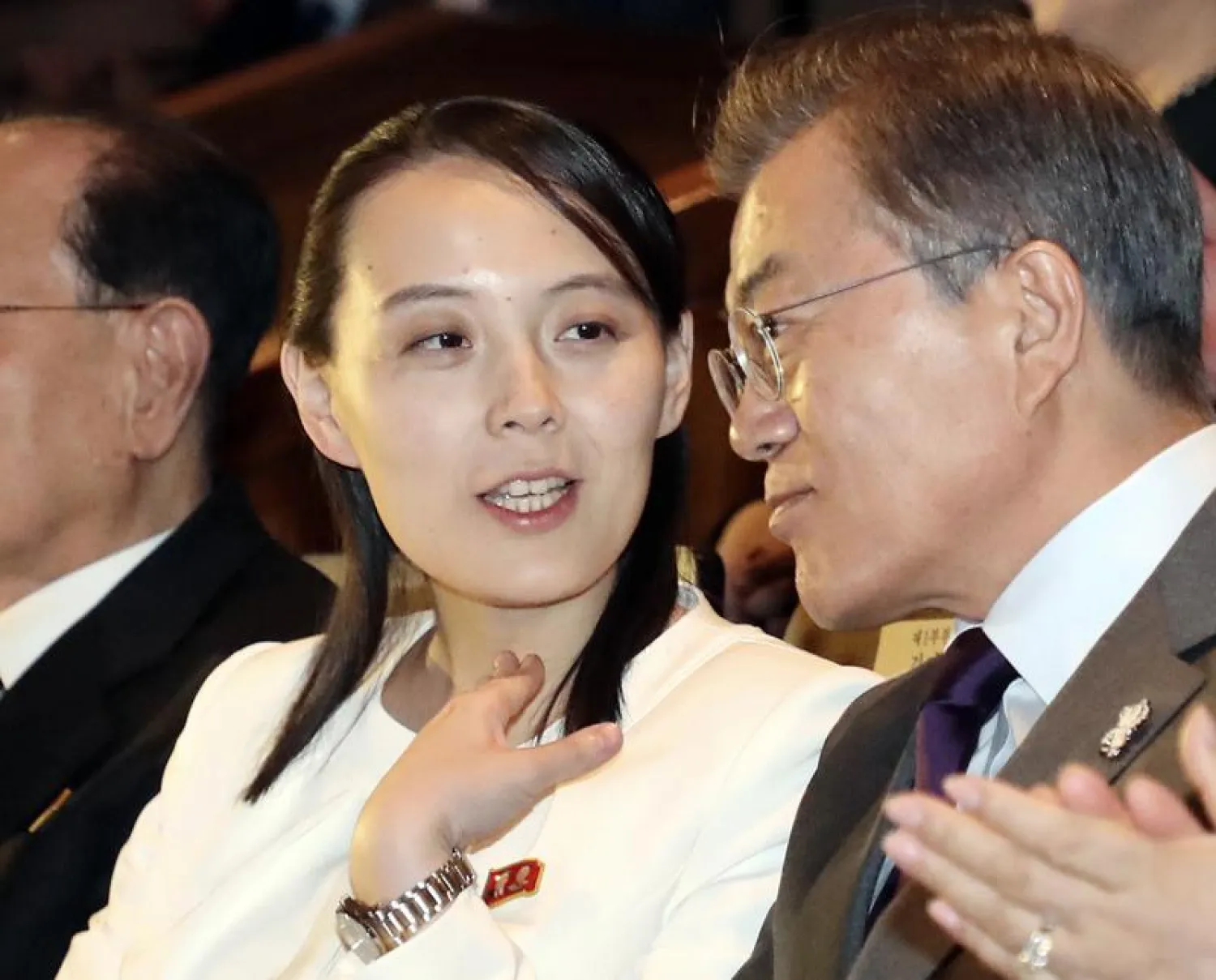 FILE - Kim Yo Jong, center, North Korean leader Kim Jong Un's sister, talks with South Koran President Moon Jae-in, right, as they watch a performance of North Korea's Samjiyon Orchestra at National Theater in Seoul, South Korea, on Feb. 11, 2018. (Bee Jae-man/Yonhap via AP, File)
