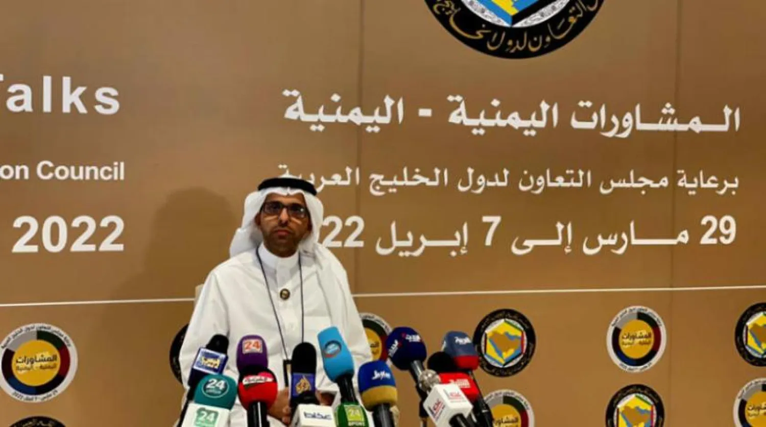 GCC Ambassador to Yemen Sarhan Al-Minaikher speaks at a press conference on Tuesday. (Asharq Al-Awsat)