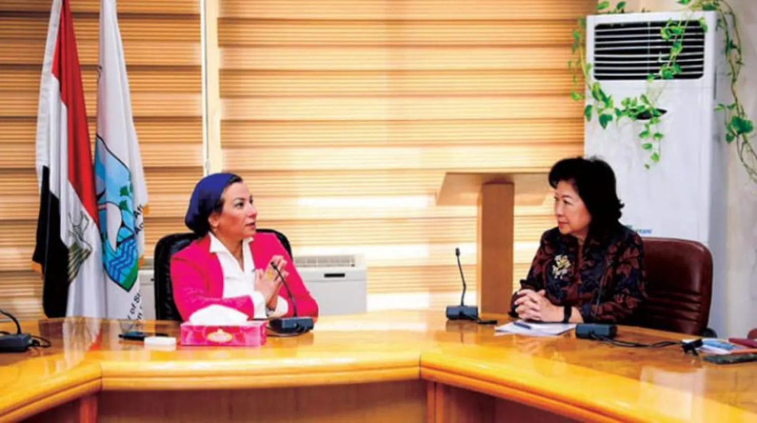 Minister of Environment Dr. Yasmin Fouad during her meeting with World Bank Managing Director of Development Policy and Partnerships Mari Pangestu on Wednesday, April 6, 2022. (Egyptian Government) 