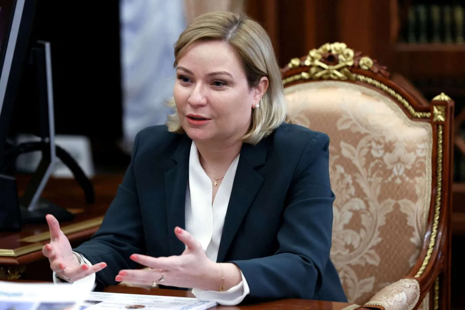 Russian Minister of Culture Olga Lyubimova attends a meeting with President Vladimir Putin at the Kremlin in Moscow, Russia January 18, 2022. (Reuters)