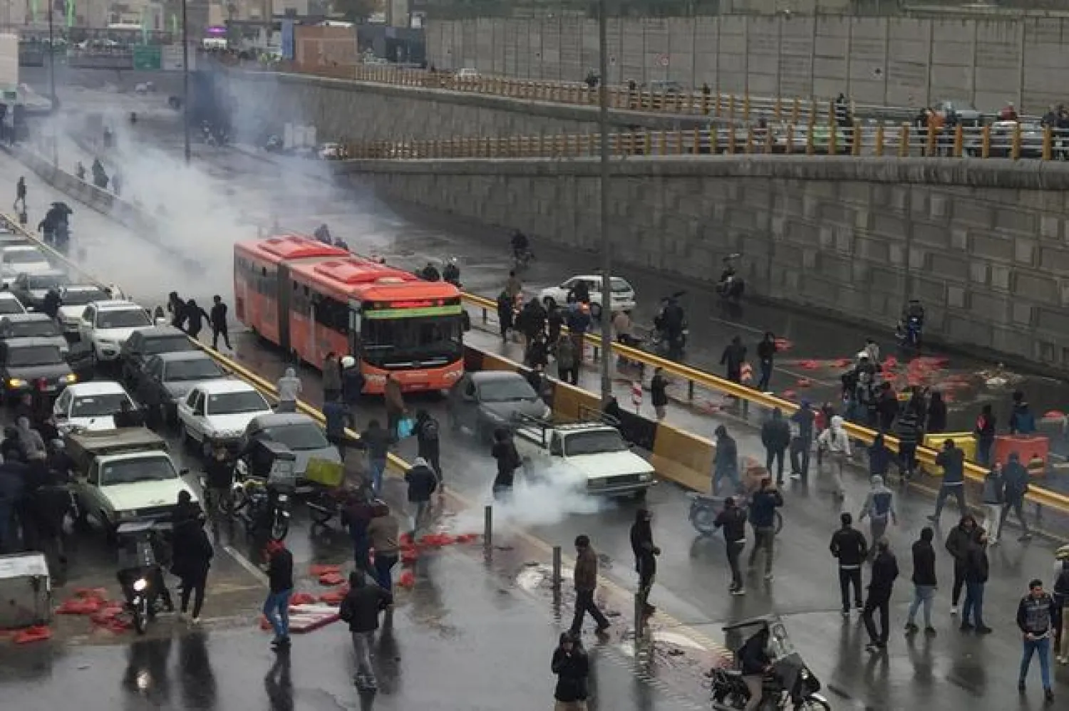 People protest against increased gas price, on a highway in Tehran, Iran November 16, 2019. Nazanin Tabatabaee/WANA (West Asia News Agency) via REUTERS