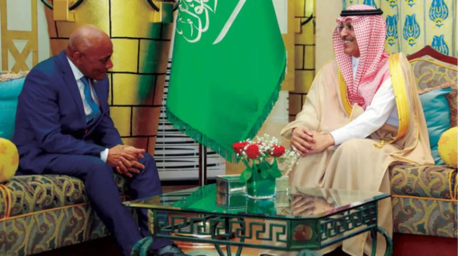 The Finance Ministers of Saudi Arabia and Comoros meet on the sidelines of the Arab financial institutions meeting in Jeddah on Thursday. (Asharq Al-Awsat)

