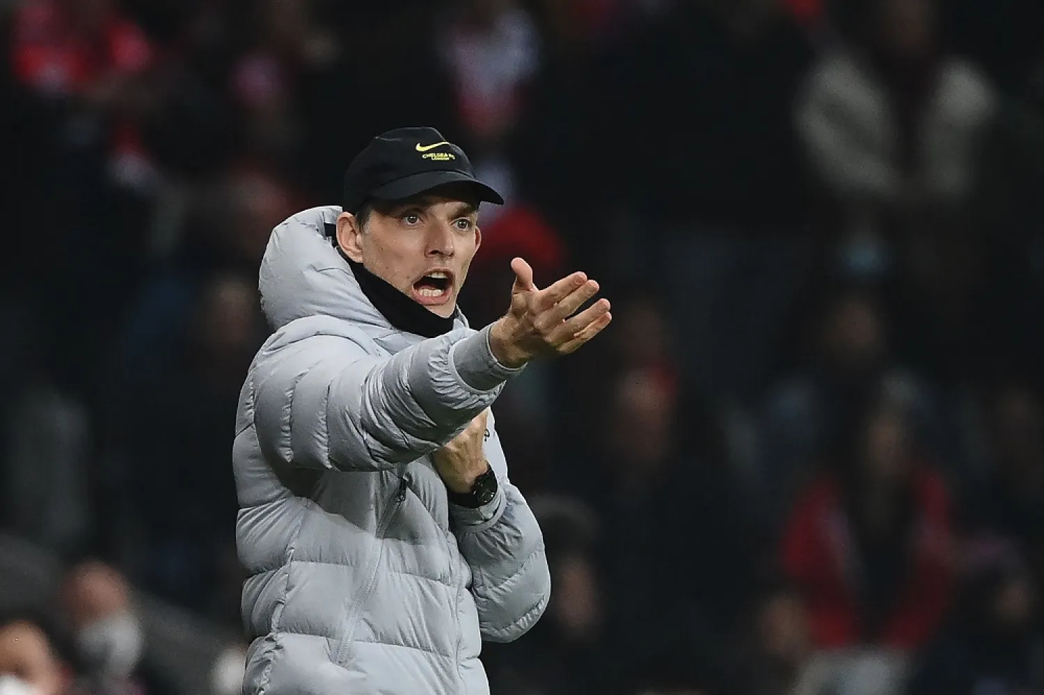 Chelsea's German head coach Thomas Tuchel reacts during the UEFA Champions League round of 16 second leg football match between Lille (LOSC) and Chelsea FC at the Pierre Mauroy Stadium in Villeneuve-d'Ascq, northern France, on March 16, 2022. (AFP) 