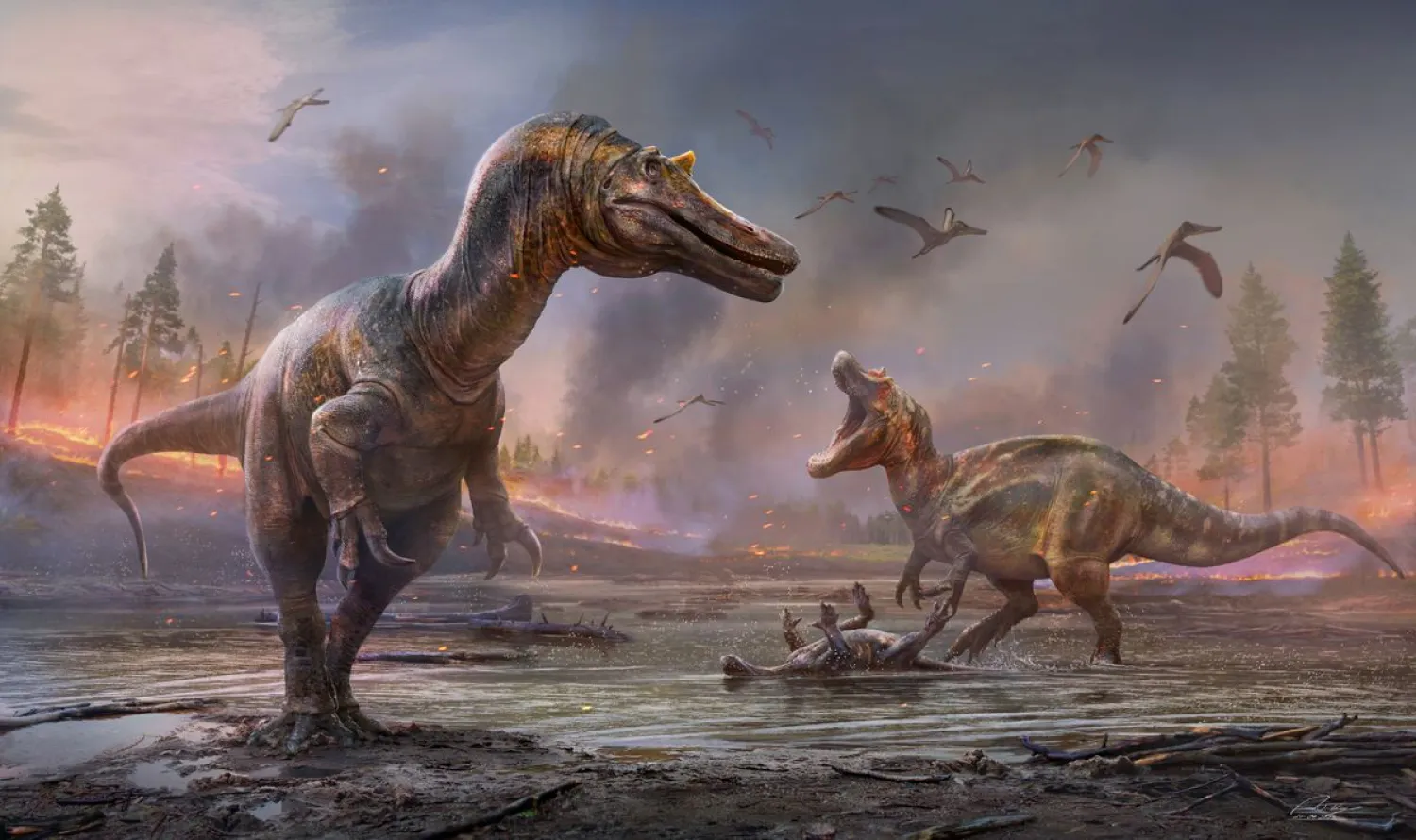 The meat-eating dinosaurs Ceratosuchops inferodios, in the foreground, and Riparovenator milnerae, in the background are seen in an undated artist's rendition. Anthony Hutchings/Handout via REUTERS.