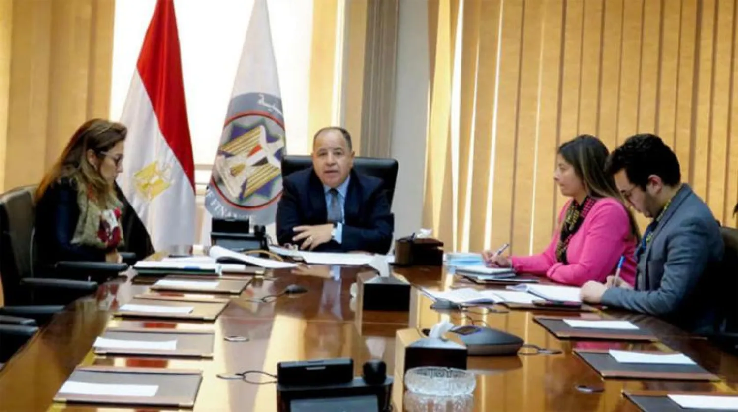 Egypt’s Finance Minister Mohamed Maait and his aides during their meeting on Saturday with officials from The Bank of America via video conference. (Asharq Al-Awsat) 
