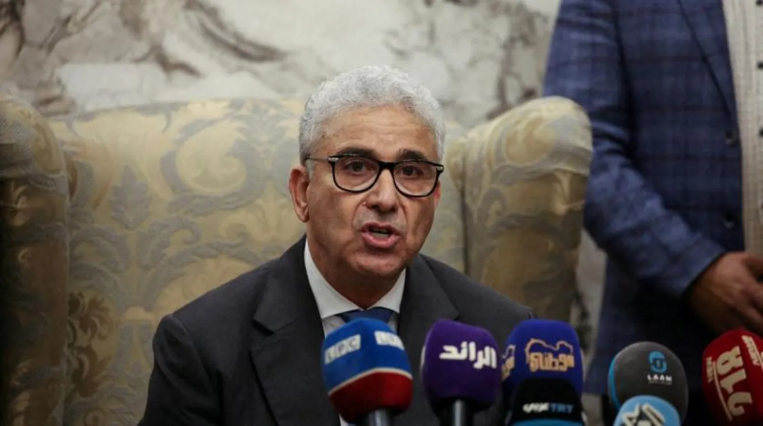 Fathi Bashagha, designated as prime minister by the parliament, delivers a speech at Mitiga International Airport, in Tripoli, Libya February 10, 2022. Picture taken February 10, 2022. (Reuters)