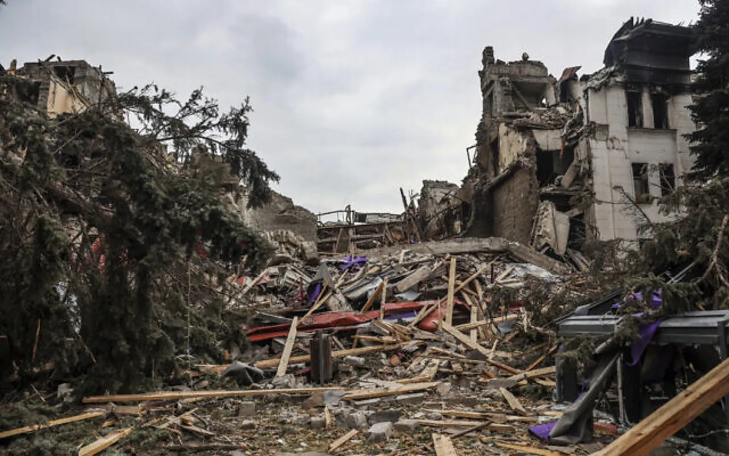 The Mariupol theater, damaged during fighting in Mariupol, in territory under the government of the Donetsk People's Republic, eastern Ukraine, on April 4, 2022. (AP Photo/Alexei Alexandrov)
