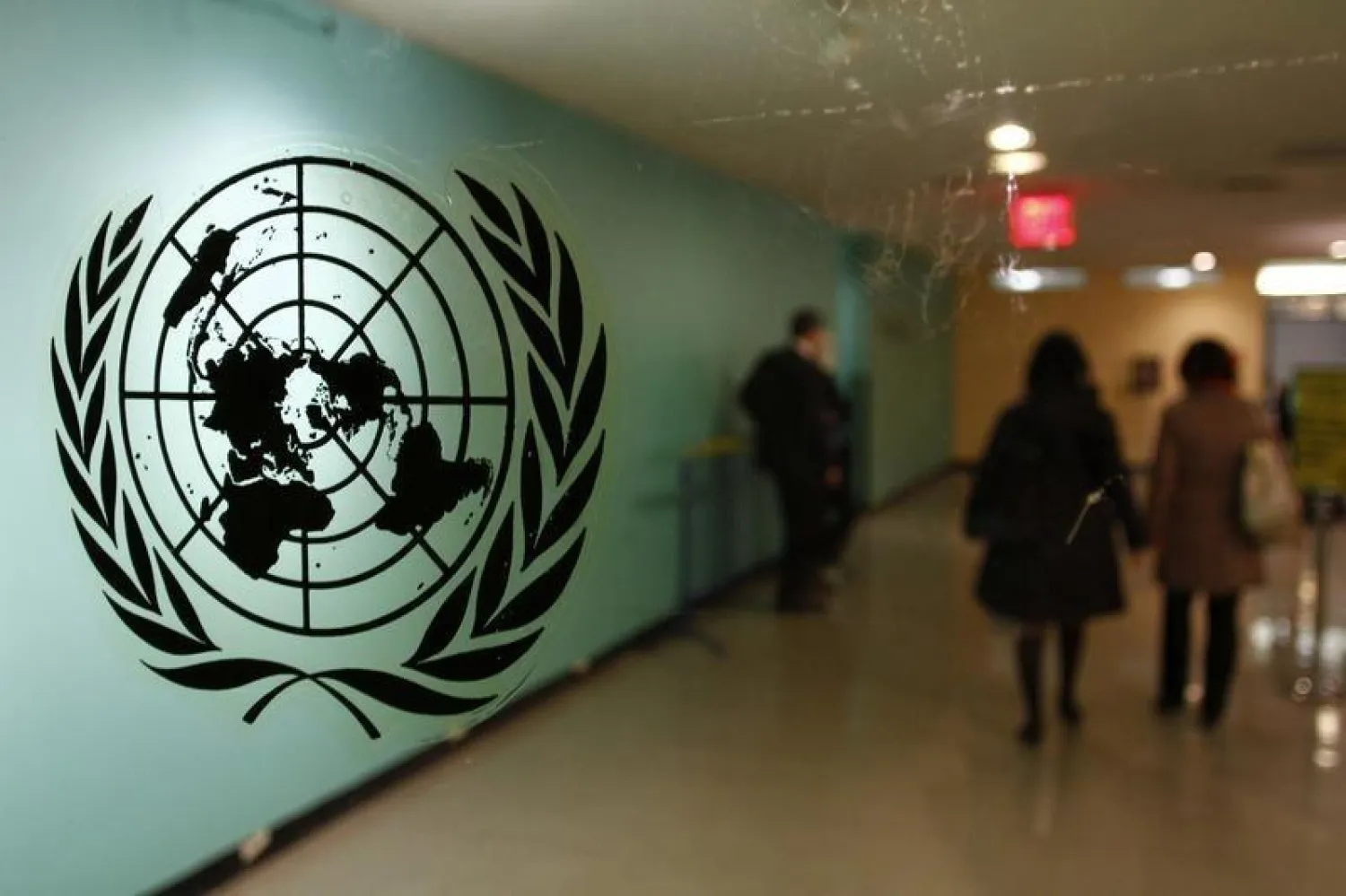 The UN logo is displayed on a door at UN headquarters in New York (Reuters)
