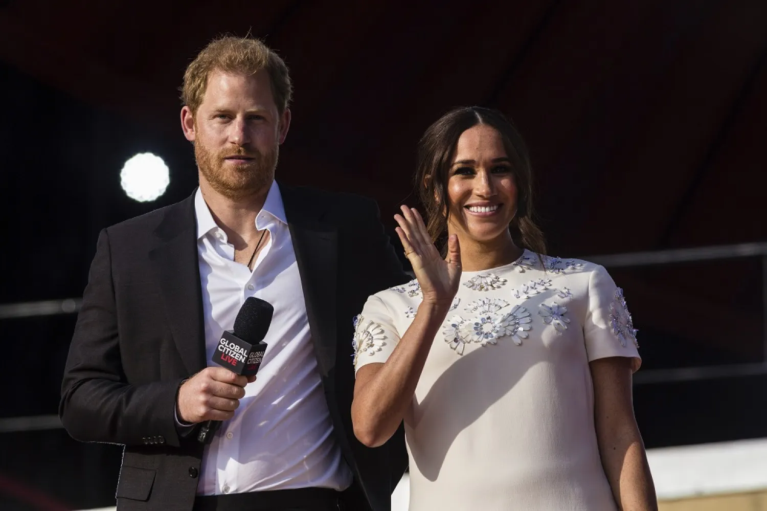 Prince Harry and his wife Meghan speak during the Global Citizen festival, on Sept. 25, 2021 in New York. (AP)