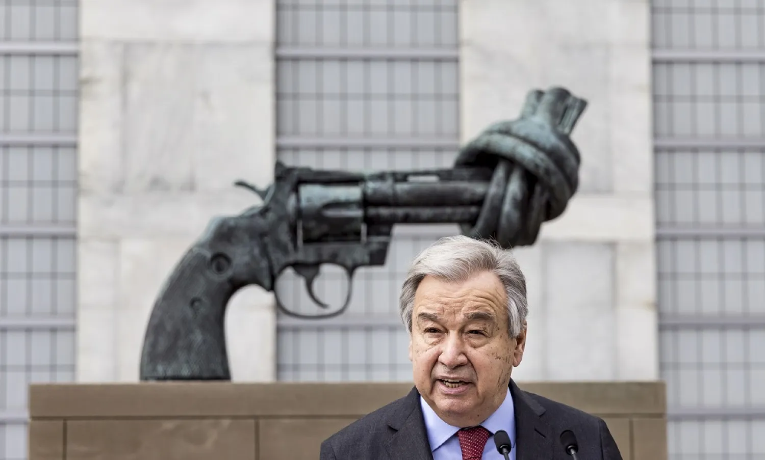 United Nations Secretary-General Antonio Guterres make a statement calling for a ceasefire in the fighting between Russia and Ukraine in front of the bronze sculpture entitled "The Knotted Gun" by Swedish artist Carl Fredrik Reutersward outside of United Nations headquarters in New York, New York, US, 19 April 2022. (EPA)