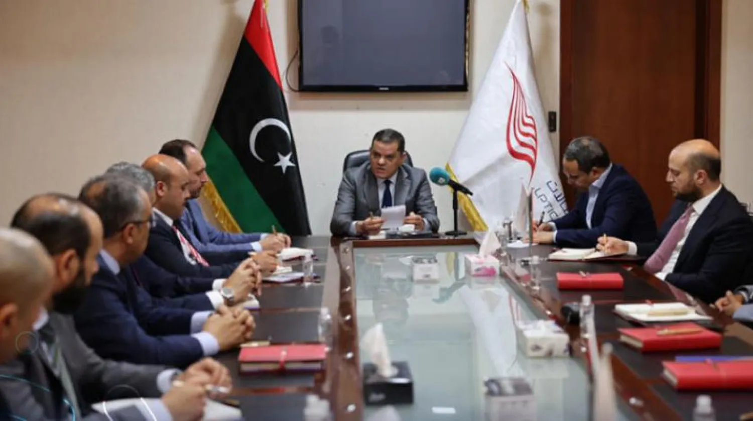 Libya’s Prime Minister of the Government of National Unity, Abdul Hamid Dbeibeh, during a meeting at the telecommunication company (Asharq Al-Awsat)