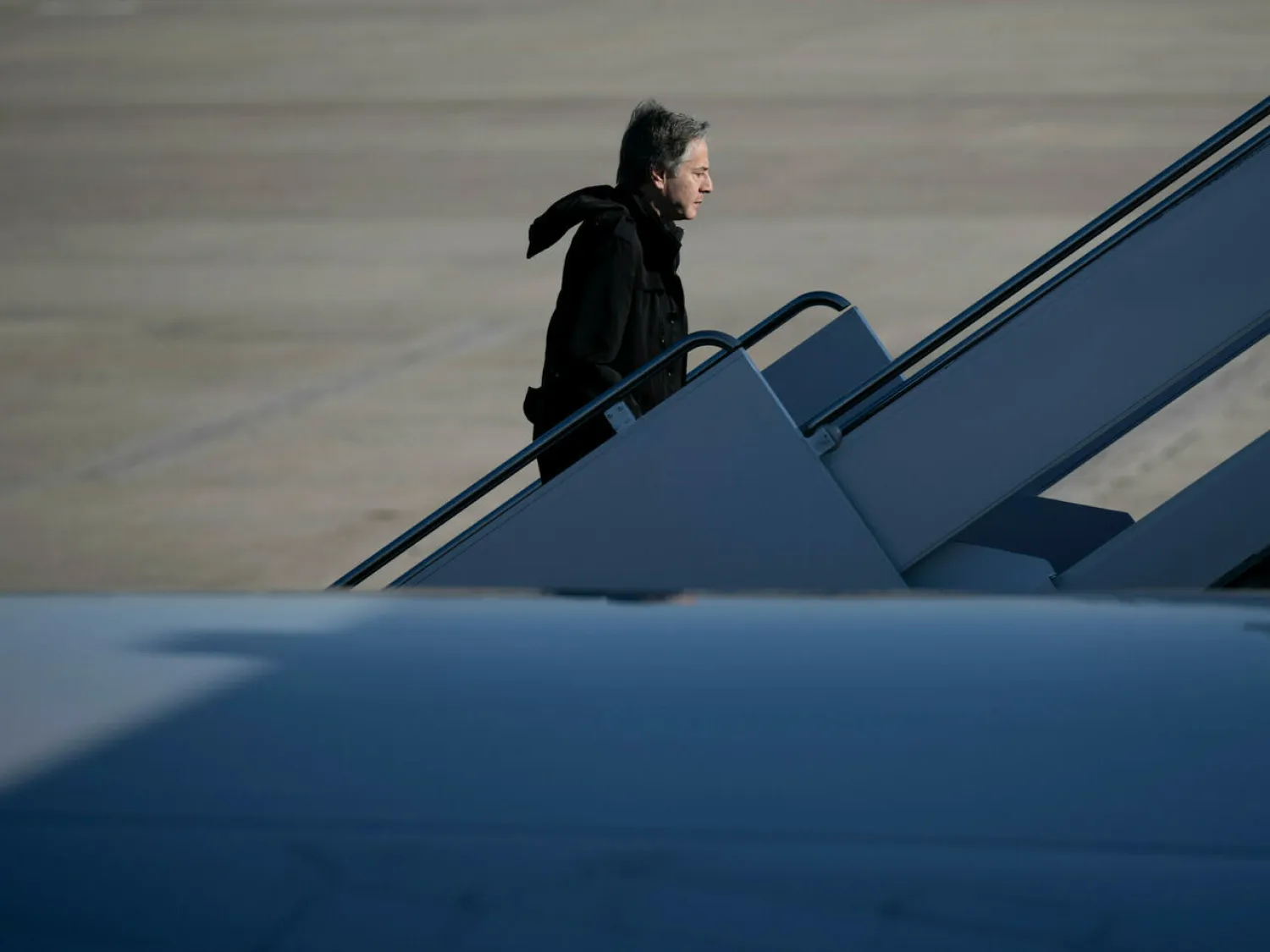 US Secretary of State Antony Blinken boards his plane for an April 19-20, 2022 trip to Panama for a multinational conference on migration, as undocumented crossings into the United States soar. Brendan Smialowski POOL/AFP

