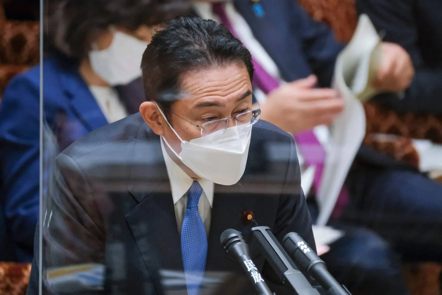 Prime Minister Fumio Kishida answers questions about the invasion of Ukraine during an Upper House Budget Committee session at parliament in Tokyo on Monday. | AFP-JIJI
