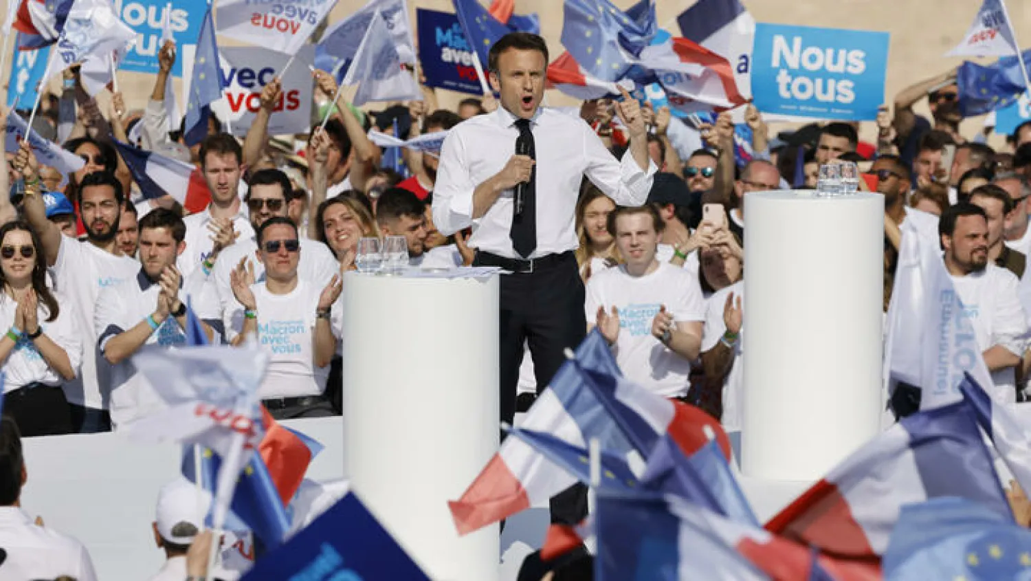 French President Emmanuel Macron's campaign slogan is 'All of us' but many on the left call him the 'President of the rich'. Ludovic MARIN AFP
