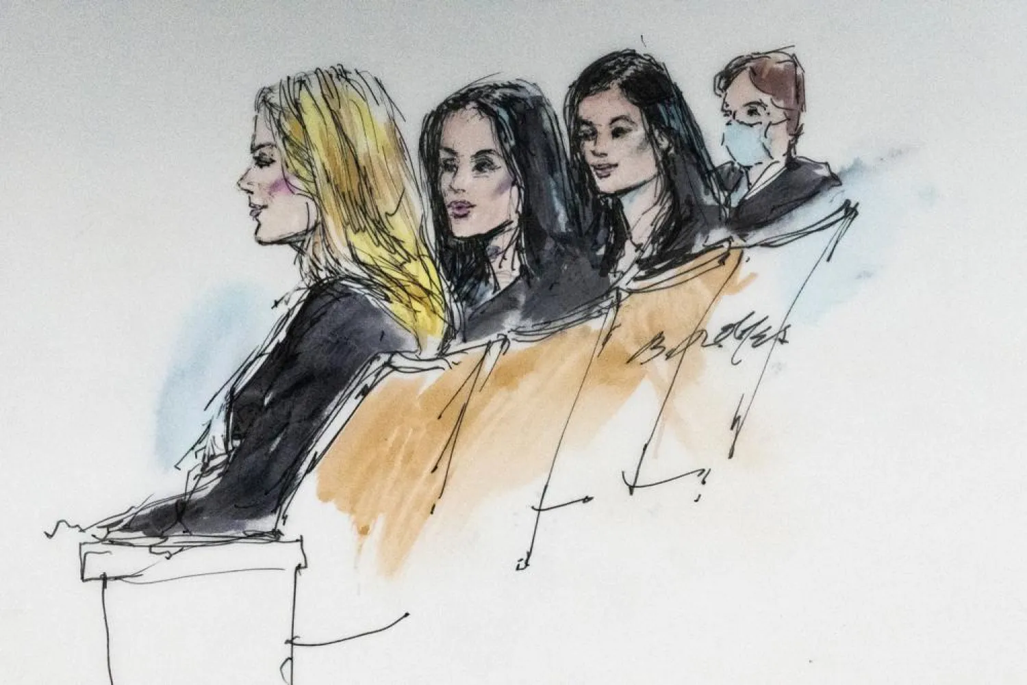 In this courtroom artist sketch, Khloe Kardashian, from left, Kim Kardashian, Kylie Jenner and Kris Jenner sit in court in Los Angeles, Tuesday, April 19, 2022. (AP)
