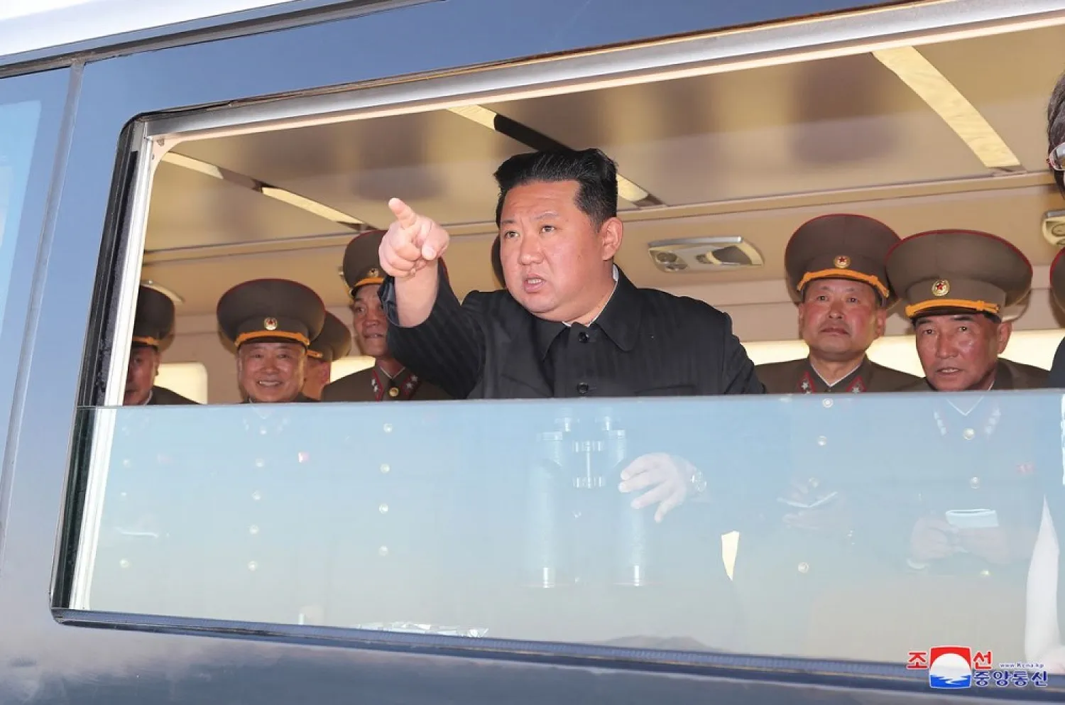 North Korean leader Kim Jong Un gestures as he watches the test-firing of a new-type tactical guided weapon according to state media, North Korea, in this undated photo released on April 16, 2022 by North Korea's Korean Central News Agency (KCNA). KCNA via Reuters