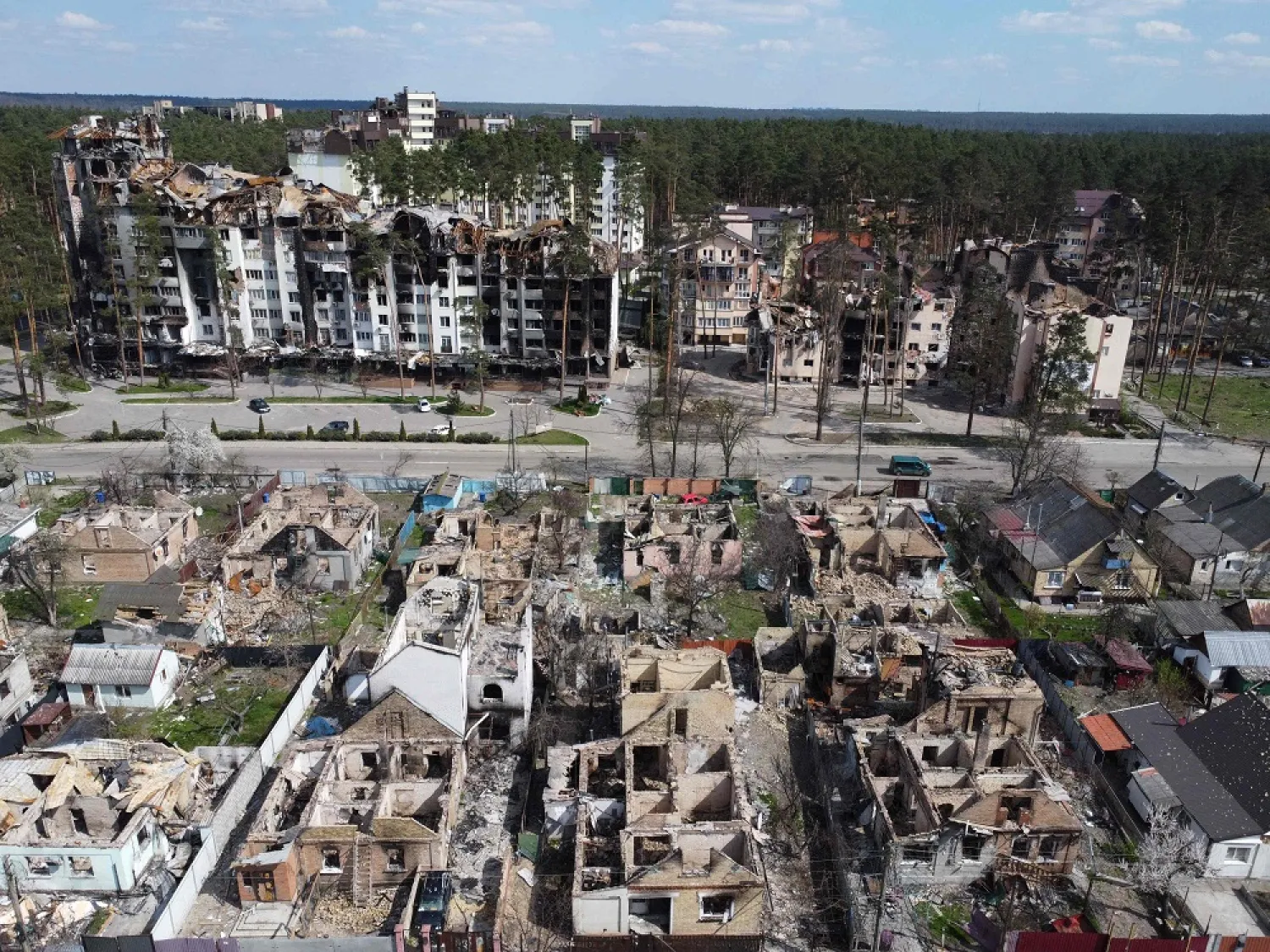 This aerial photograph taken on April 24, 2022 shows a destroyed residential area in Irpin, northwest of Kyiv, amid the Russian invasion of Ukraine. (AFP)