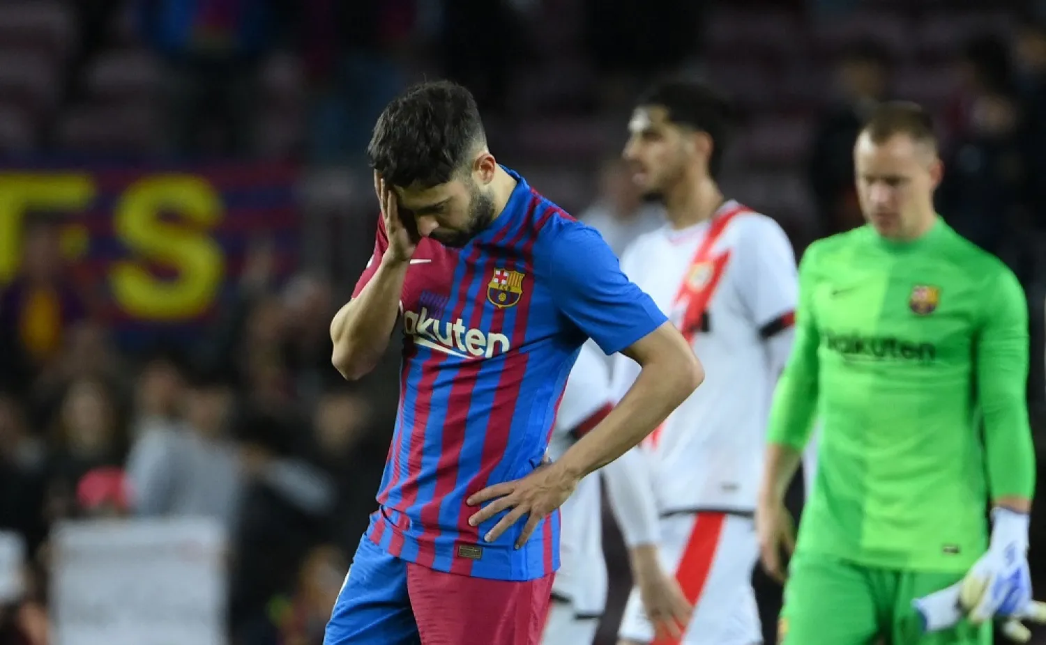 Barcelona's Spanish defender Jordi Alba reacts at the end of the Spanish league football match between FC Barcelona and Rayo Vallecano de Madrid at the Camp Nou stadium in Barcelona on April 24, 2022. (AFP)
