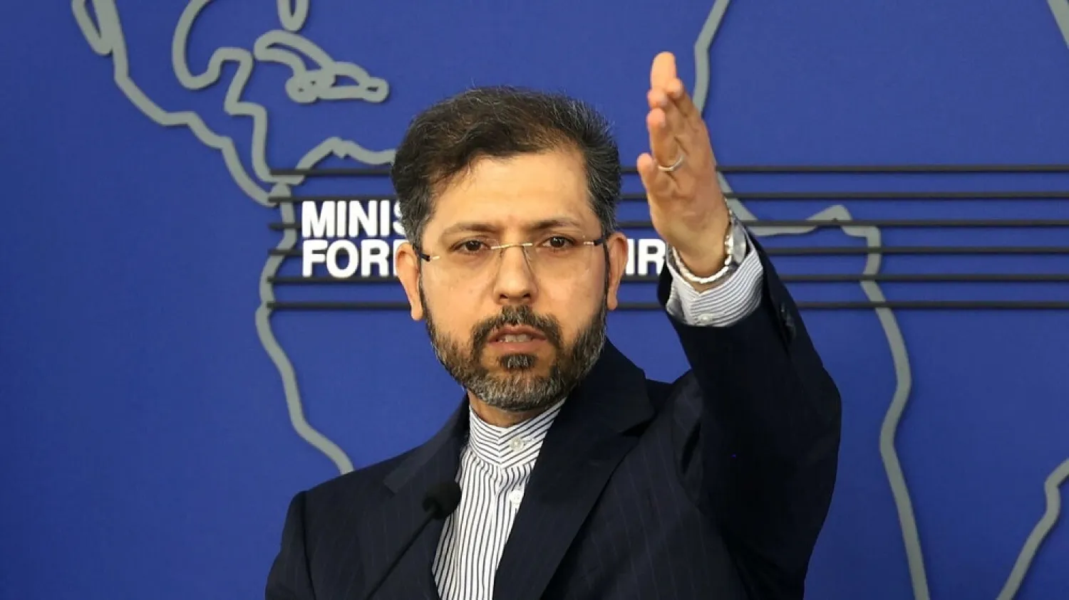 Iran's Foreign Ministry spokesman Saeed Khatibzadeh speaks to the media during a press conference in Tehran, on April 25, 2022. (AFP)