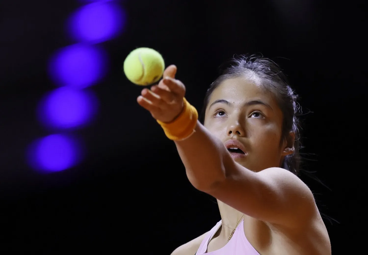 Emma Raducanu of Britain in action during her round of sixteen match against Tamara Korpatsch of Germany at the Porsche Tennis Grand Prix tournament in Stuttgart, Germany, 21 April 2022. (EPA)