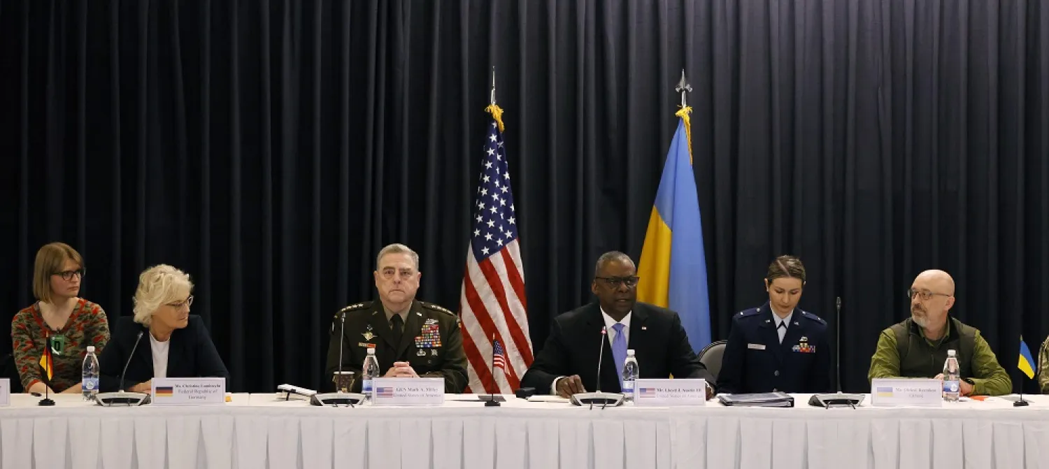 US Secretary of Defense Lloyd J. Austin III (3-L) speaks in the presence of Ukrainian Defense Minister Oleksii Reznikov (R) and German Defense Minister Christine Lambrecht (L) with US Chairman of the Joint Chiefs of Staff, general Mark Milley (2L) during a meeting of Ministers of Defense at the US Air Base in Ramstein, Germany, 26 April 2022. (EPA)