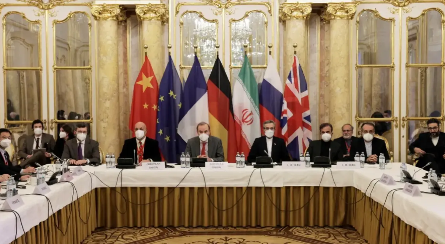 Deputy Secretary General of the European External Action Service (EEAS) Enrique Mora and Iran's chief nuclear negotiator Ali Bagheri Kani and delegations wait for the start of a meeting of the JCPOA Joint Commission in Vienna, Austria December 17, 2021. (Reuters)