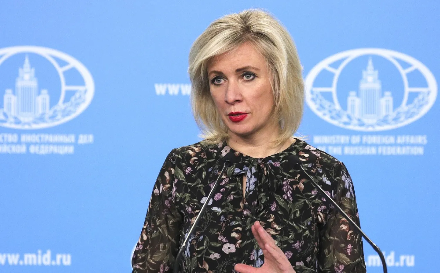 In this photo released by the Russian Foreign Ministry Press Service, Russian Foreign Ministry's spokeswoman Maria Zakharova speaks in Moscow, Russia, Thursday, Apr. 28, 2020. (AP)