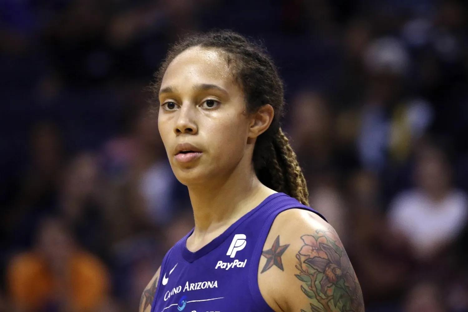 Phoenix Mercury center Brittney Griner pauses on the court during the second half of a WNBA basketball game against the Seattle Storm, Sept. 3, 2019, in Phoenix. (AP)