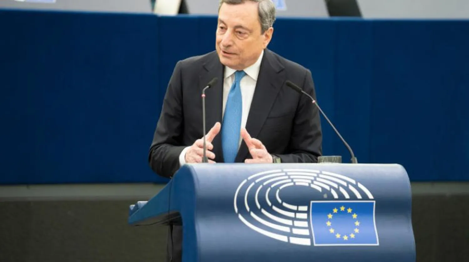 İtalya Başbakanı Mario Draghi, Fransa’nın Strasbourg kentinde konuşurken (DPA)
