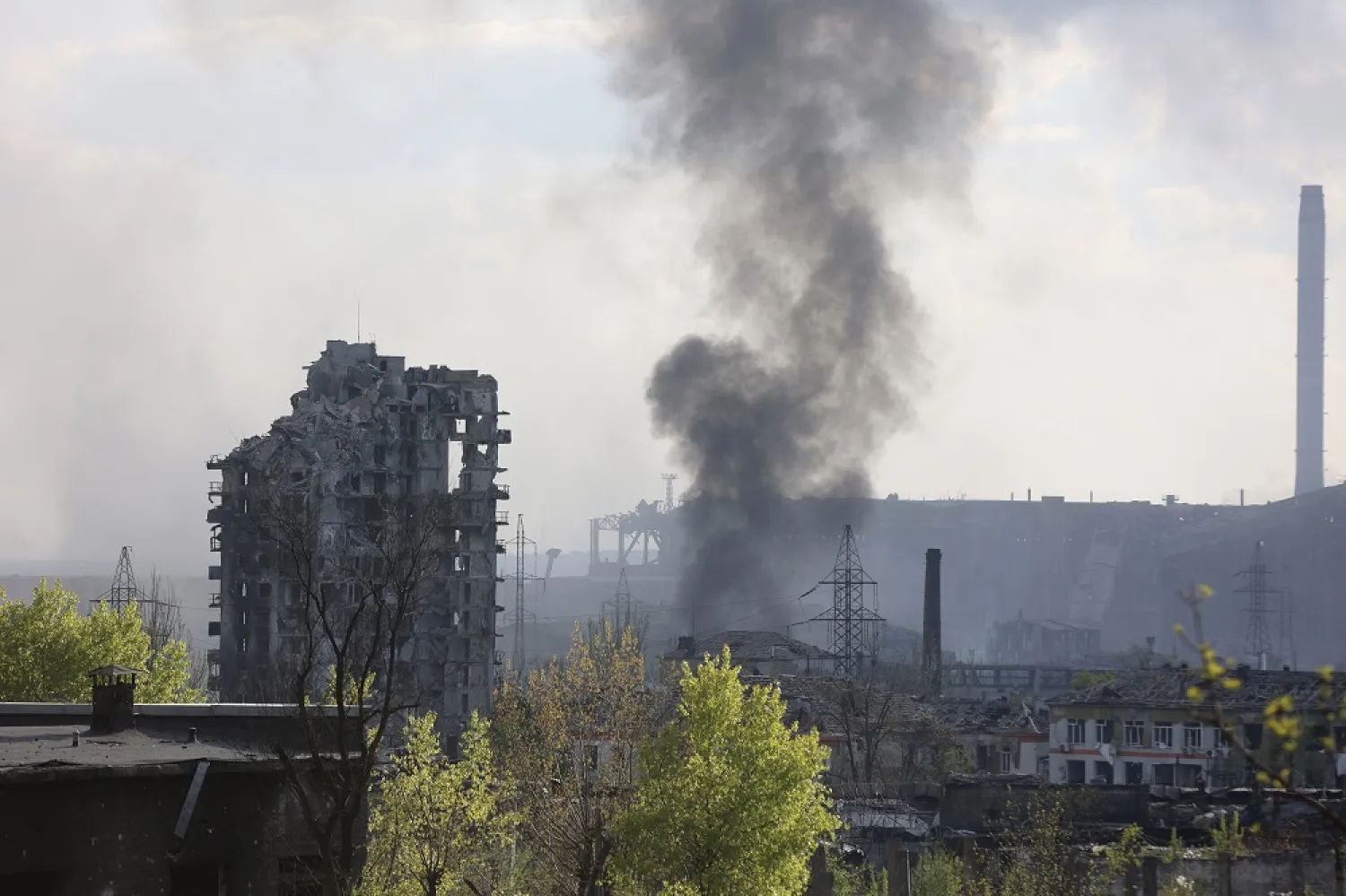 Smoke rises from the Azovstal steel mill in Mariupol, in territory under the government of the Donetsk People's Republic, eastern Ukraine, May 4, 2022. (AP)