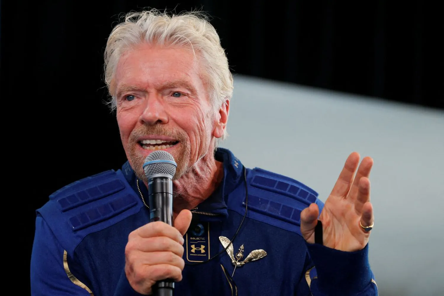 Billionaire entrepreneur Richard Branson wears his astronaut's wings at a news conference, after flying with a crew in Virgin Galactic's passenger rocket plane VSS Unity to the edge of space at
Spaceport America near Truth or Consequences, New Mexico, US, July 11, 2021. REUTERS/Joe Skipper
