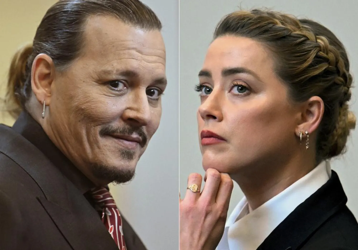 This combination of two separate photos shows divorced actors Johnny Depp, left, and Amber Heard in the courtroom at the Fairfax County Circuit Court in Fairfax, Va., Tuesday May 3, 2022. (Jim Watson/Pool photos via AP)
