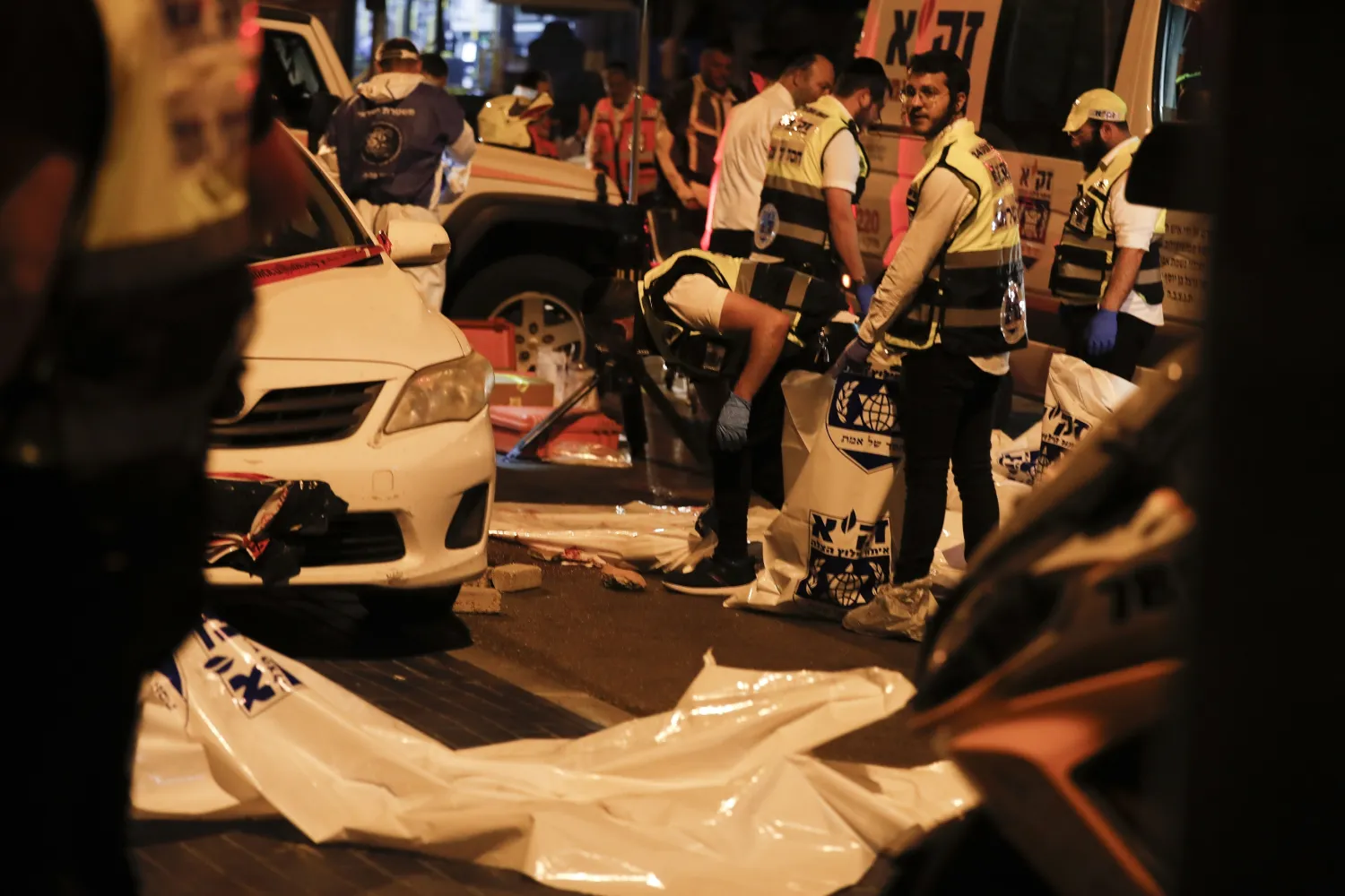 Israeli medics at the scene of an attack in the ultra-Orthodox city of Elad, near Tel Aviv, Israel, on May 5, 2022. PHOTO: EPA-EFE
