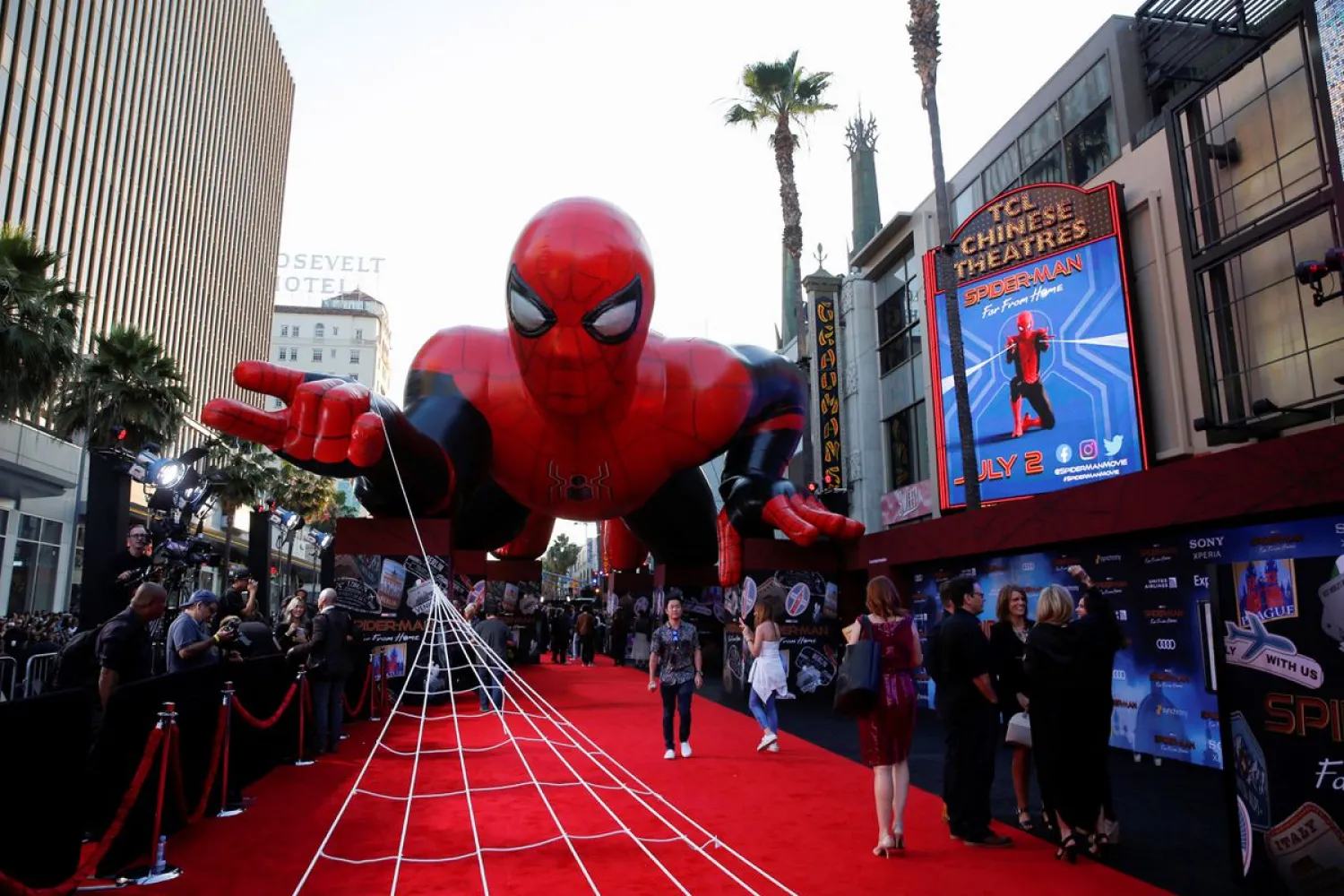 A giant spider-man balloon is seen above the red carpet along a closed Hollywood Blvd. outside the TCL Chinese Theater for the World Premiere of Marvel Studios' "Spider-man: Far From Home" in Los Angeles, California, US, June 26, 2019. REUTERS/Danny Moloshok

