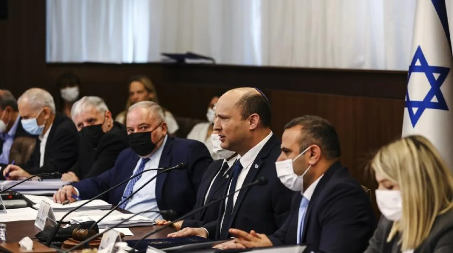 Israeli Prime Minister Naftali Bennett speaks at a cabinet meeting at the Prime Minister's office in Jerusalem Sunday, April 10, 2022. (AP)

