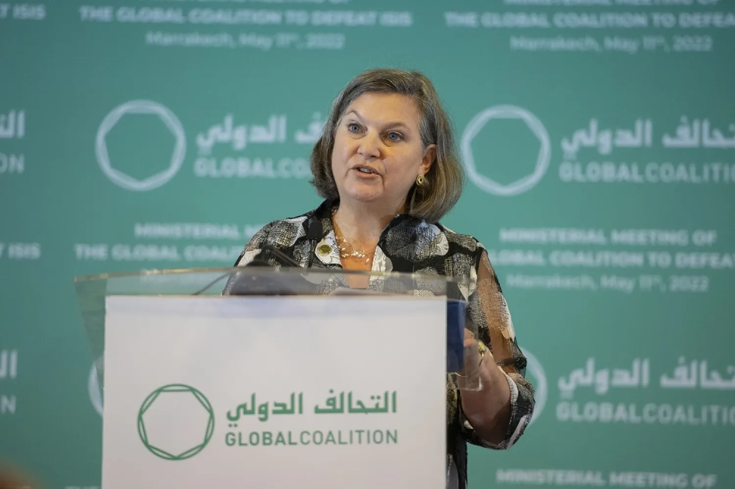 US Under Secretary of State for Political Affairs Victoria Nuland and the Moroccan Foreign Minister Nasser Bourita (not pictured) hold a joint press conference after the Ministerial Meeting of the Global Coalition to Defeat ISIS in Marrakech, Morocco, 11 May 2022. (EPA)