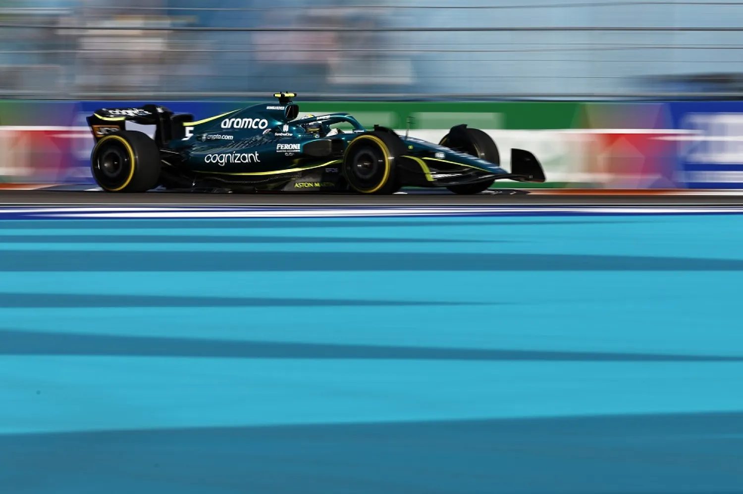 May 06: Sebastian Vettel of Germany driving the (5) Aston Martin AMR22 Mercedes on track during practice ahead of the F1 Grand Prix of Miami at the Miami International Autodrome on May 06, 2022 in Miami, Florida. (Getty Images)