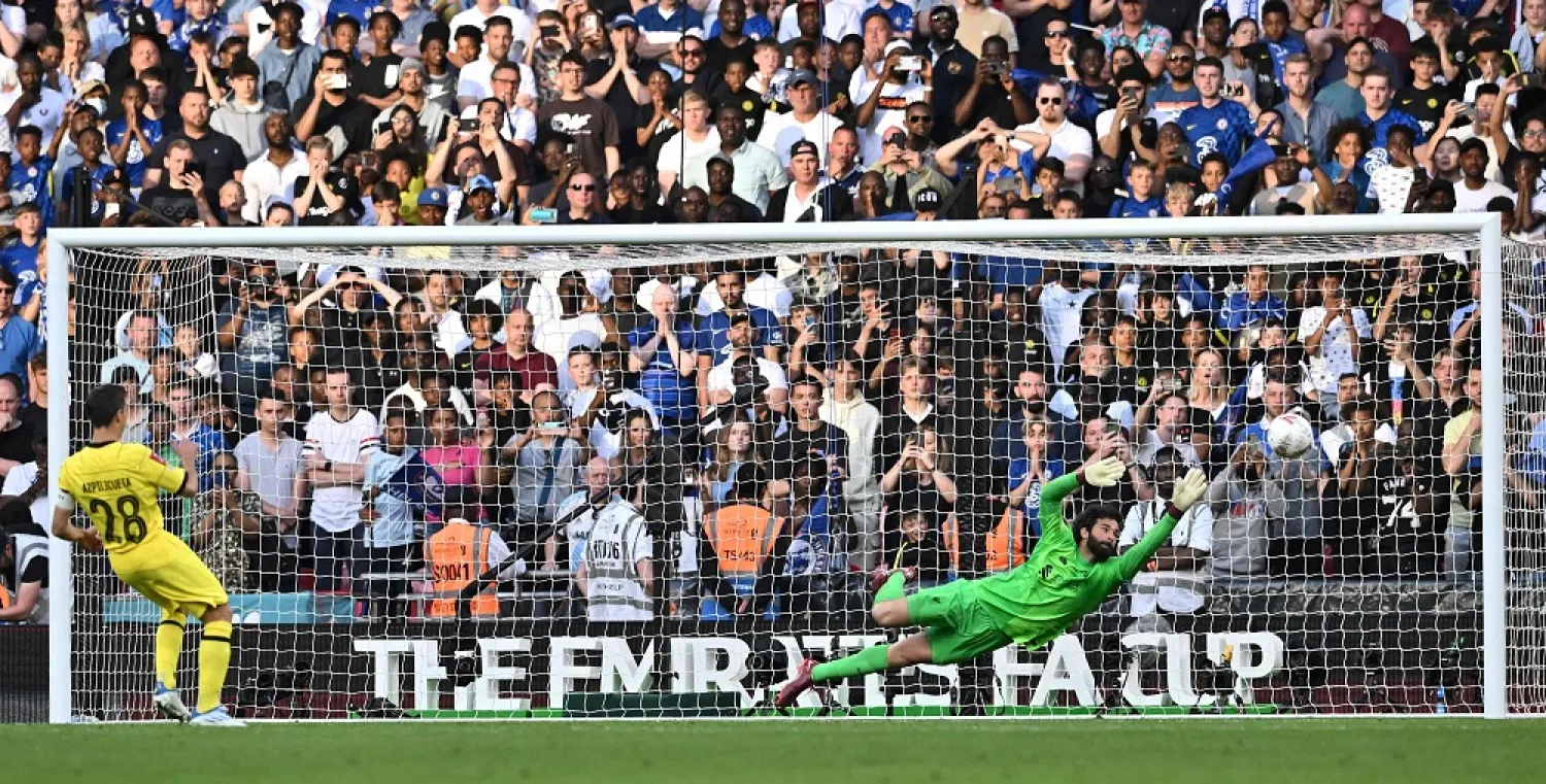 Chelsea's Spanish defender Cesar Azpilicueta misses to score during the penalty session of the English FA Cup final football match between Chelsea and Liverpool, at Wembley stadium, in London, on May 14, 2022. (AFP)