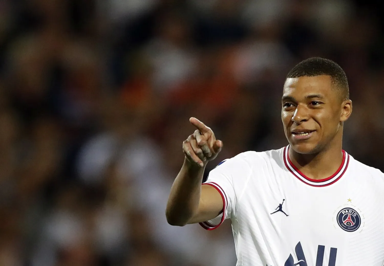 Kylian Mbappe reacts during the football ligue 1 match between Montpellier HSC and Paris Saint Germain, at La Mosson stadium in Montpellier, France, 14 May 2022. (EPA)